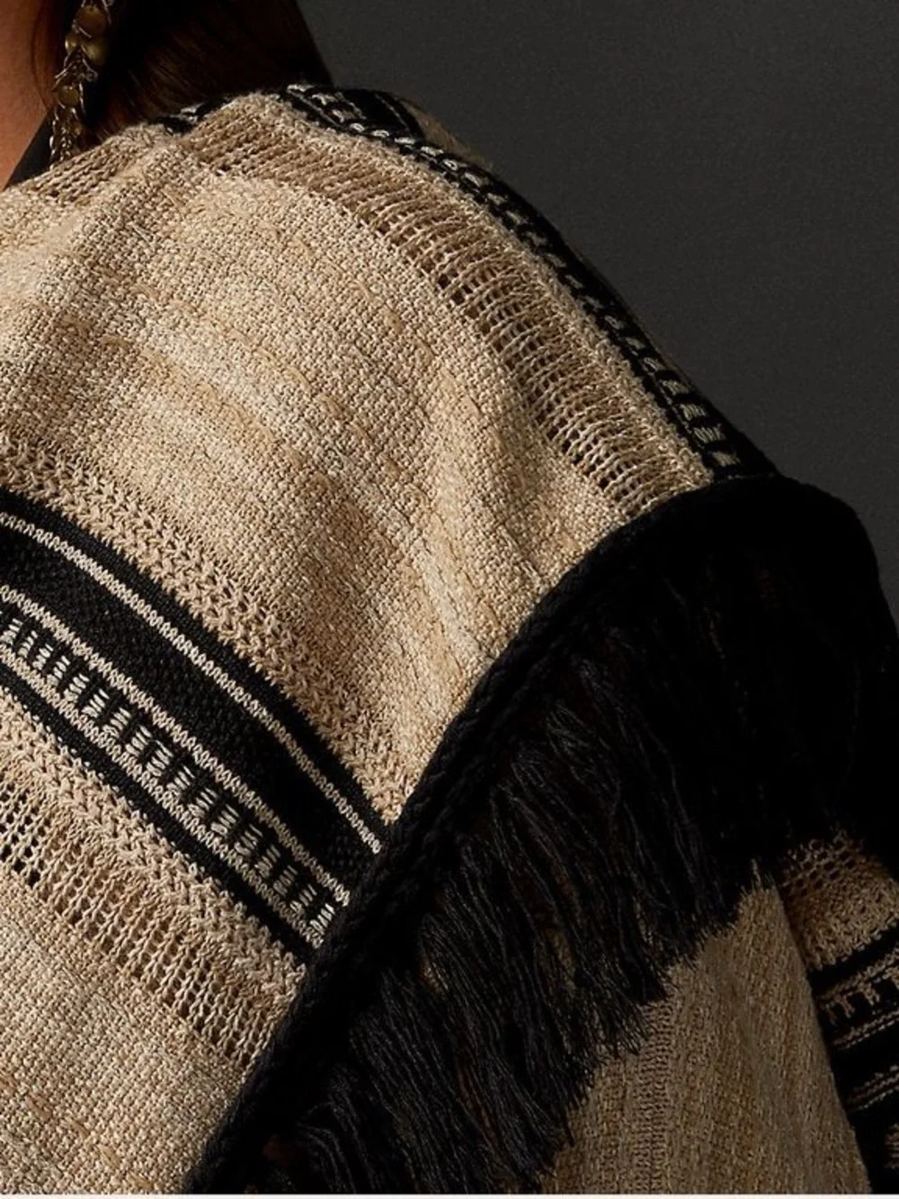Ralph Lauren Collection Pre-Fall 2021 Italian Beige & Black Fringe Knit Ruana